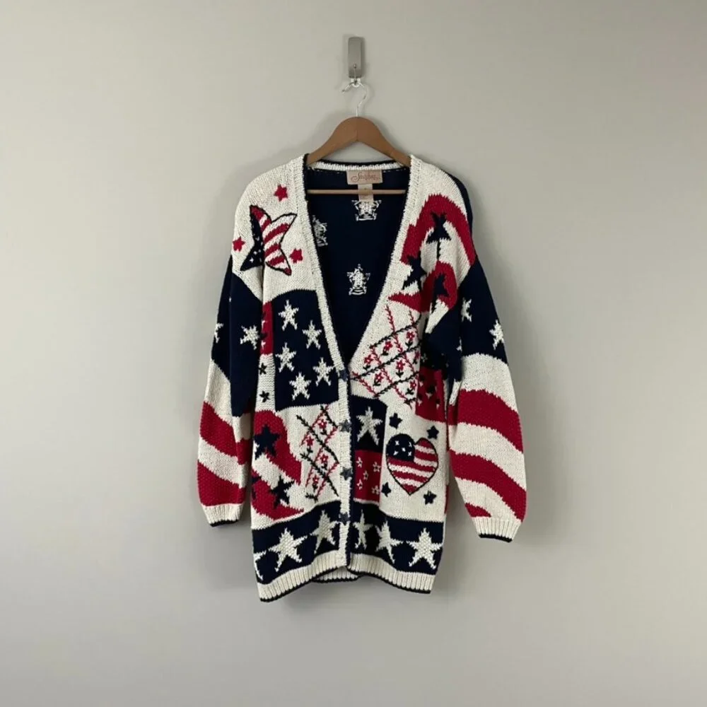 Vintage Stitches in Time Patriotic USA Americana Cardigan Sweater Size Medium